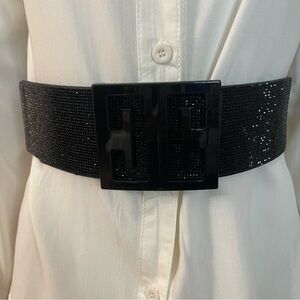 Black PU leather chunky buckle elastic waistband with rhinestones details belt